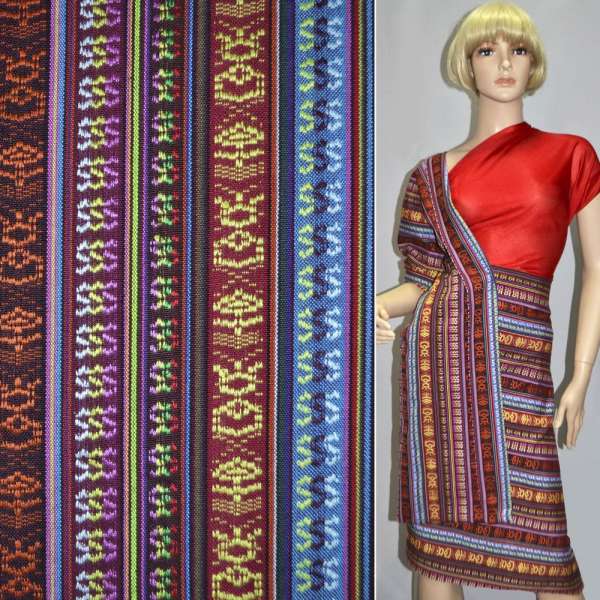 Ткань этно бордовые, голубые, коричневые полосы с орнаментом ш.150