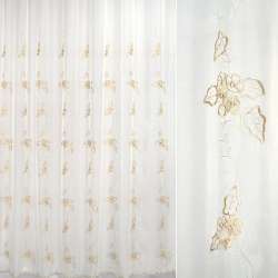 Вуаль тюль шифон вышивка цветы листья бежевые, кайма, молочная, ш.280