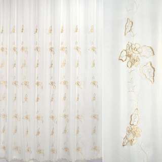 Вуаль тюль шифон вышивка цветы листья бежевые, кайма, молочная, ш.280
