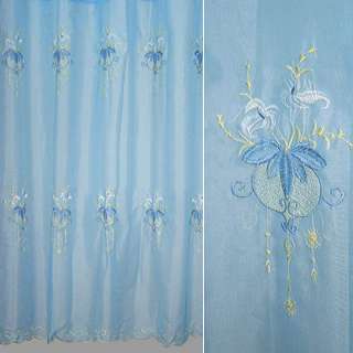 Вуаль тюль шифон вышивка цветы, голубая, ш.280