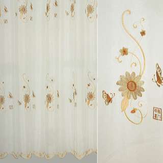 Вуаль тюль шифон вышивка цветы, бабочки бежево-коричневые, молочная, ш.280