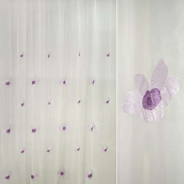 Вуаль тюль шифон жата вишивка квіти фіолетові на молочному тлі, ш.280