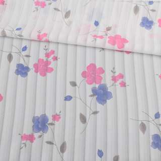Вуаль тюль шифон полосы полупрозрачные принт цветы розовые, синие, белая ш.137