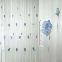 Вуаль тюль шифон принт троянди блакитні на білому тлі, ш.275