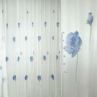 Вуаль тюль шифон принт розы голубые на белом фоне, ш.275