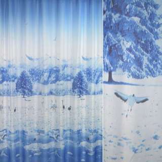 Вуаль тюль шифон фотопринт зима, птицы, голубая, ш.270