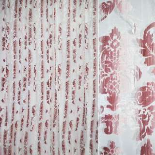 Органза деворе тюль вензель с листьями бордовыми, белая, ш.280