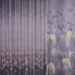 Кристаллон тюль принт тюльпани бежево-золотисті на фіолетовому тлі, ш.275
