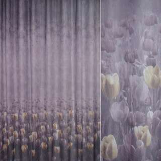Кристаллон тюль принт тюльпани бежево-золотисті на фіолетовому тлі, ш.275