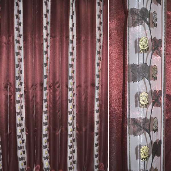 Органза тюль жаккардовая в полоску с розами из метанити, вишневая темная, ш.280