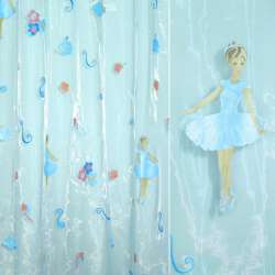 Органза тюль принт дитячий балерина в блакитній сукні, квіти, блакитна, ш.275