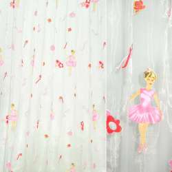 Органза тюль принт балерина в рожевій сукні, квіти, біла, ш.275
