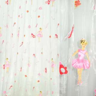 Органза тюль принт балерина в розовом платье, цветы, белая, ш.275