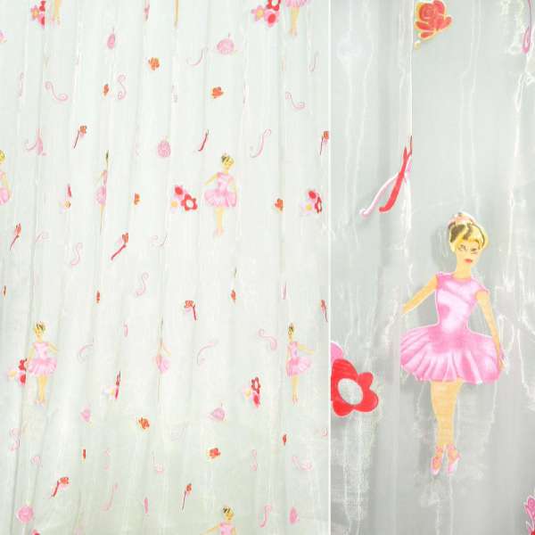 Органза тюль принт балерина в рожевій сукні, квіти, біла, ш.275