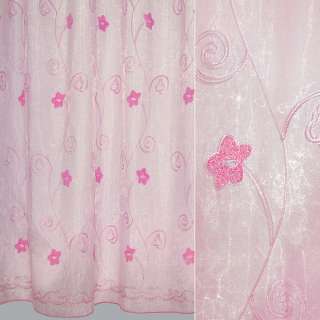 Органза тюль с вышивкой петлевидной цветы, розовая, ш.275