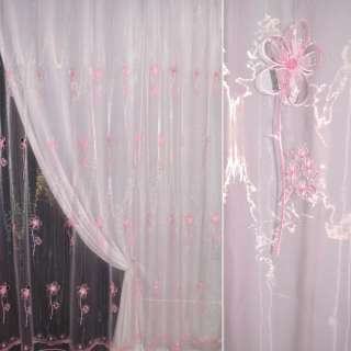 Органза тюль с вышивкой, вырезанными цветами с круглым лепестком, розовая, ш.280