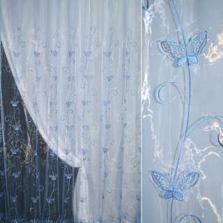 Органза тюль с вышивкой, вырезанными бабочками, голубая, ш.280