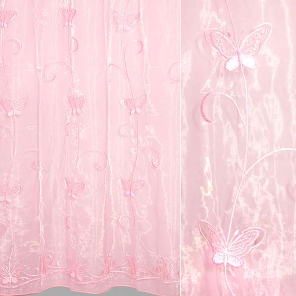 Органза тюль с вышивкой, вырезанными бабочками, розовая, ш.280