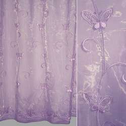 Органза тюль с вышивкой, вырезанными бабочками, фиолетовая, ш.275