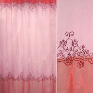 Органза тюль с вышивкой цветочный орнамент фиолетовой, переход розовый яркий, розово-серая, ш.280