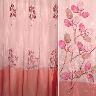 Органза тюль с вышивкой листья розово-малиновыми, переход красная темная с розовым, ш.270