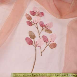 Органза тюль з вишивкою листя рожево-малинові, перехід червоно-рожева, ш.275
