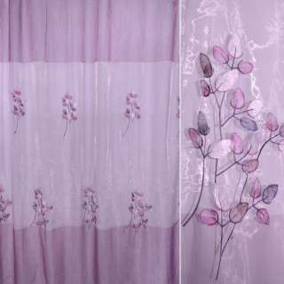 Органза тюль з вишивкою листя фіолетові, перехід фіолетово-бузкова, ш.280