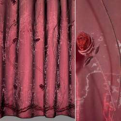 Органза тюль вышивка с нашитыми розами бордовыми, бордовая, ш.280
