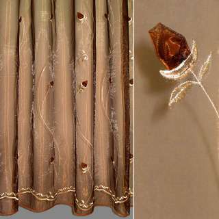 Органза тюль вишивка з нашитими трояндами коричневими, коричнева, ш.270