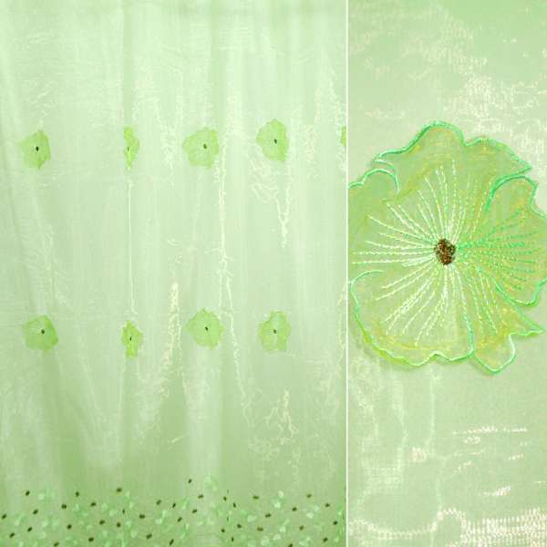 Органза тюль с нашитыми цветами крупными зелеными, зеленая, ш.275