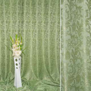 Атлас жакард для штор вензель листязелено-золотисті на зеленому тлі, ш.280
