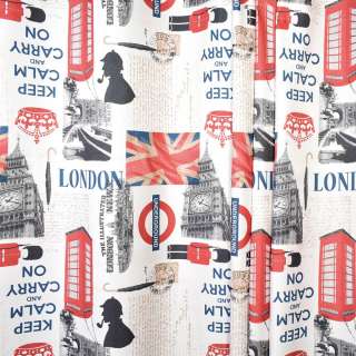 Креп для штор британский флаг, гвардейцы, часы на молочном фоне, ш.280