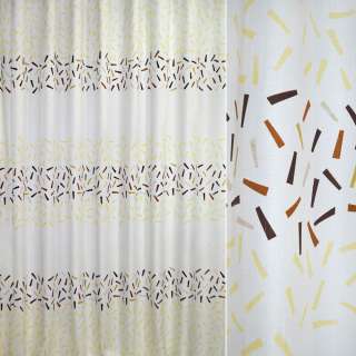Лен для штор полоски черточки желто-коричневые на молочном фоне, ш.280