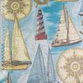 Лен рогожка блэкаут для штор корабли и маяки на голубом фоне, ш.280