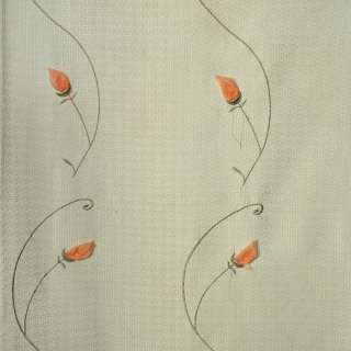 Рогожка для штор вышитая розами оранжевыми фисташковая, ш.280