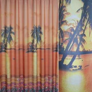 Атлас принт для декораций пальмы, закат, тюльпаны терракотовый,  ш.275