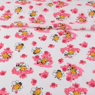 Ситец белый детский, пчелки на розовых цветах, ш.95