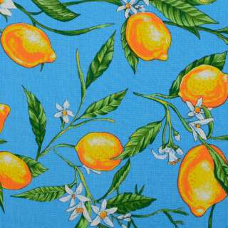 Ткань полотенечная вафельная набивная голубая, желтые лимоны ш.40