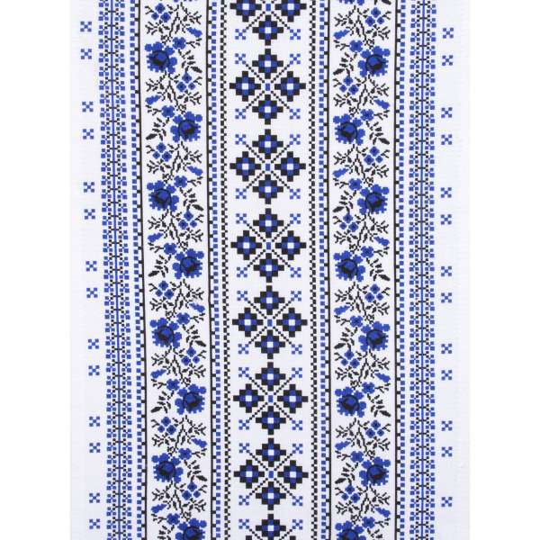 Ткань полотенечная вафельная набивная белая, синий орнамент, ш.45