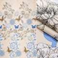 Бязь набивная кремовая, голубые узоры, цветы, бабочки, ш.220