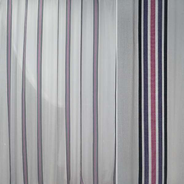 Батист гардинный в полоски узкие черные, синие, сиреневые, белый, ш.300
