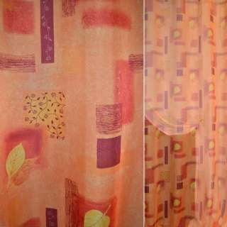 Вуаль тюль шифон принт прямоугольники с цветами, листком, оранжевая, ш.148