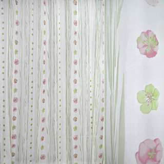 Вуаль тюль шифон принт цветы акварельные розовые, листья высокие, белая ш.280