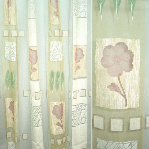 Органза деворе тюль квадрати квіти, листя, жовто-пісочна з рожевим, ш.280