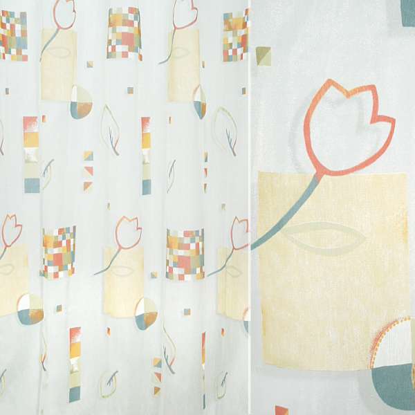 Органза деворе тюль квадраты мозаика, тюльпаны разноцветные, белая, ш.295