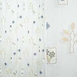 Органза деворе тюль ромбы, деревья, цветы бежево-синие, белая, ш.290