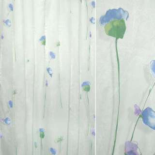 Органза деворе тюль квіти високі бузково-блакитні, біла, ш.300