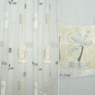 Органза деворе тюль абстракция цветок, веточка, серо-желтая, белая, ш.290
