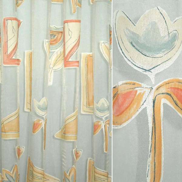 Органза деворе тюль абстракция цветы абрикосово-серая, белая, ш.290