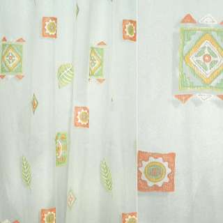 Органза деворе тюль квадрати з візерунком, листям оранжево-зелені, біла, ш.290
